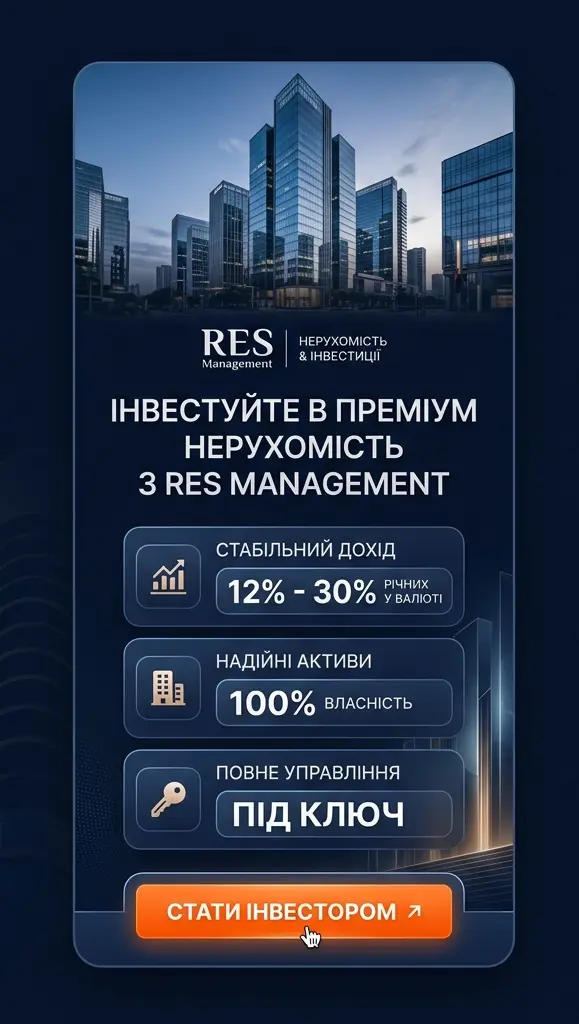 Рекламний банер RES Management: надійні інвестиції в нерухомість, пасивний дохід 12-30% річних у валюті та управління активами під ключ